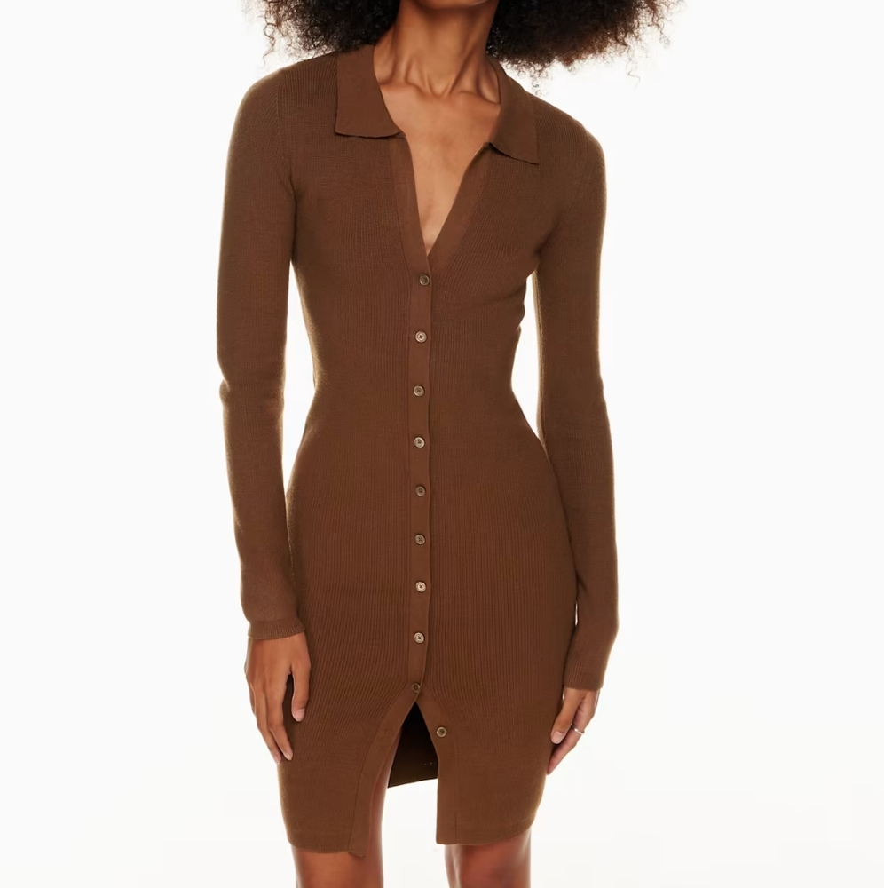 Wilfred Ribbed Button-Front Long Sleeve Dress in Brown